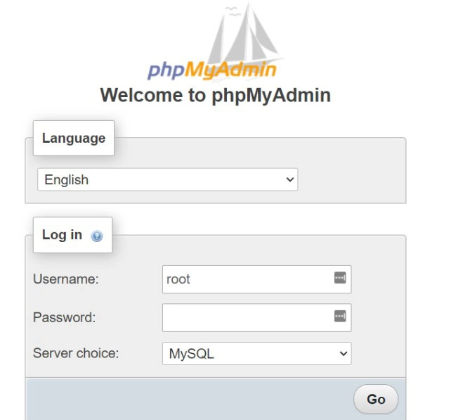 página de entrada do phpMyadmin