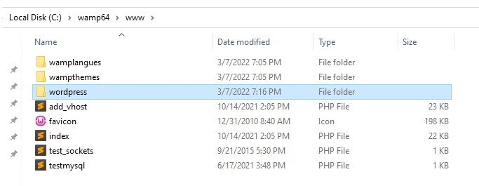 Pasta do WordPress adicionada no diretório do WAMP