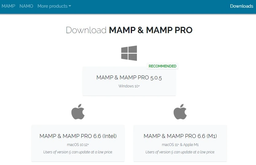 Página de downloads do site MAMP