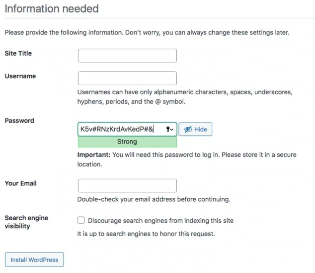 Informações de configuração do site WordPress