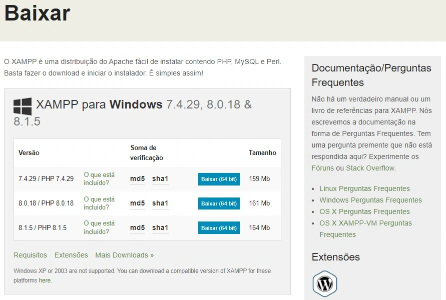 Página de download do XAMPP