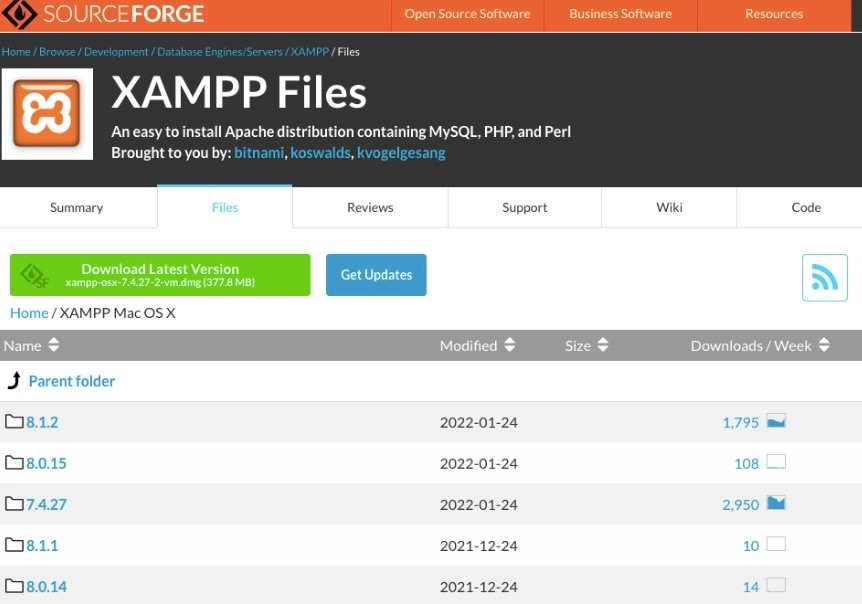 opções de download do XAMPP