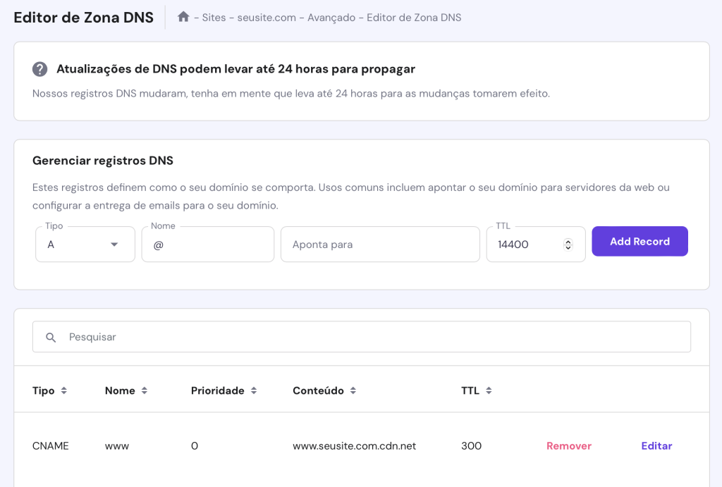 editor de zona dns no hpanel