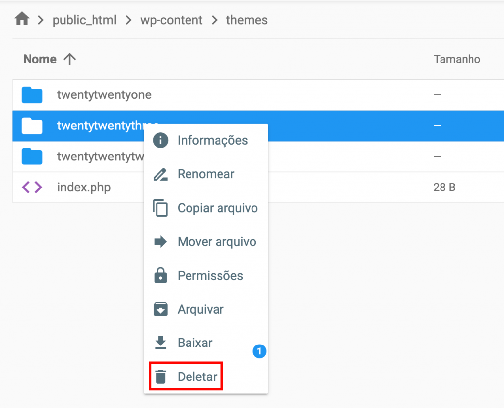 Exclusão de um tema do WordPress no Gerenciador de arquivos da Hostinger