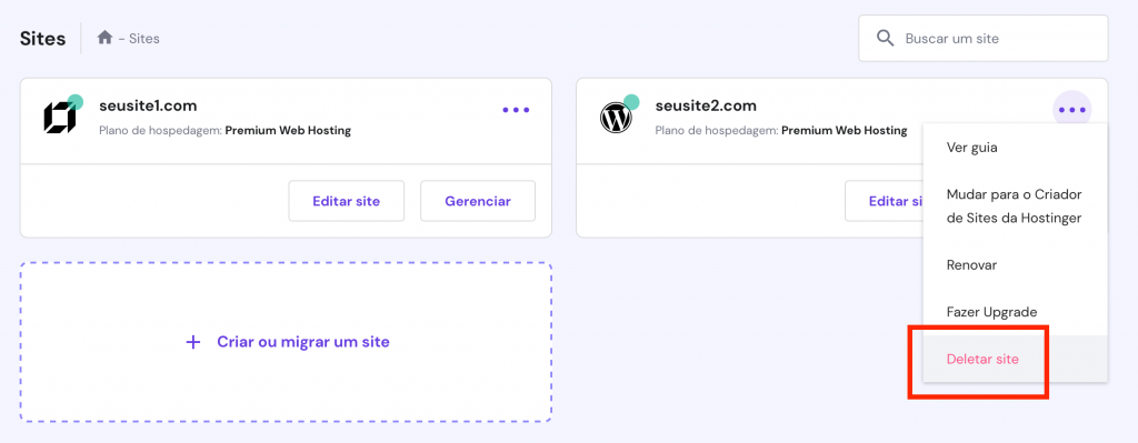 deletando site no hpanel