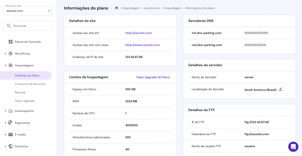 detalhes do plano de hospedagem no hpanel