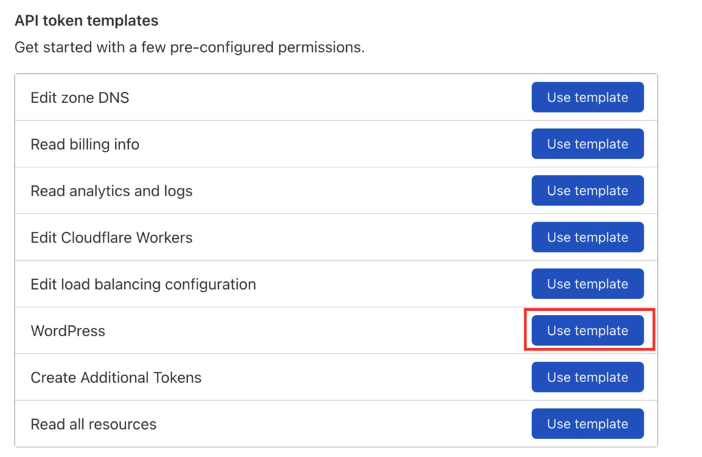 Opções de templates no painel Cloudflare - WordPress selecionado