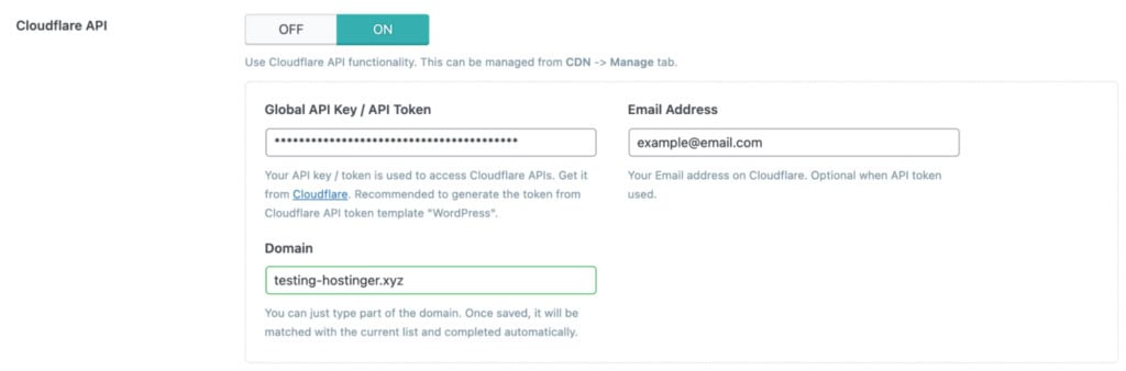 Configuração da API Cloudflare no plugin LiteSpeed Cache