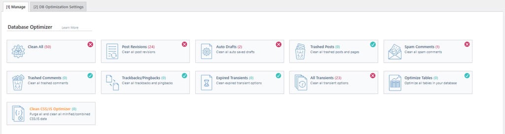 Página de gerenciamento de configurações de banco de dados no plugin LiteSpeed Cache