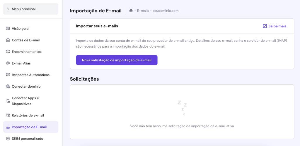 menu de importação de email no hpanel