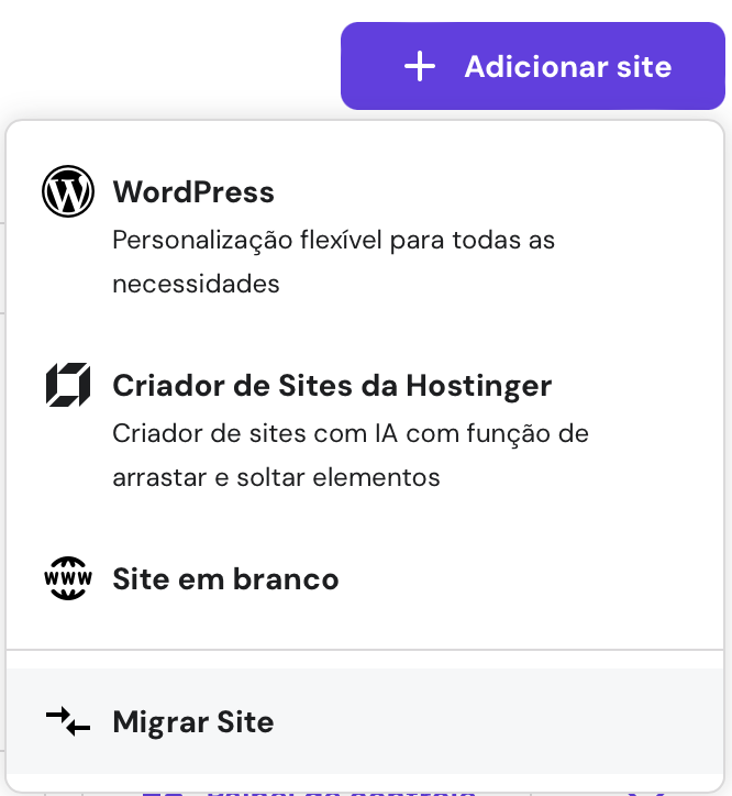 botão de migrar site no hpanel