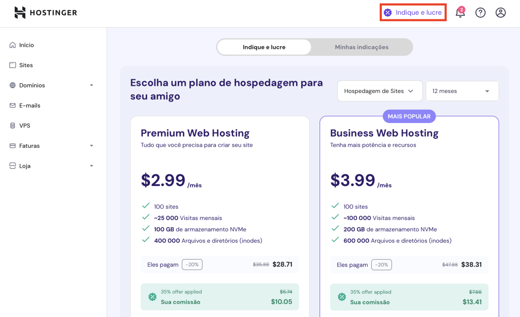 programa de indicação da hostinger