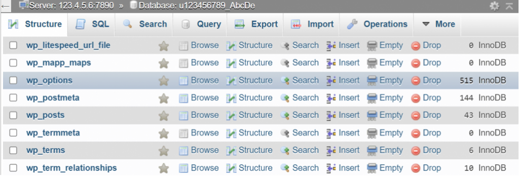 tabela wp_options no phpmyadmin