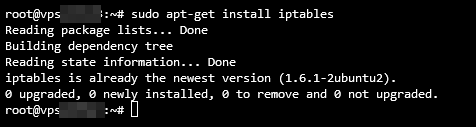 Saída do terminal durante a instalação do iptables