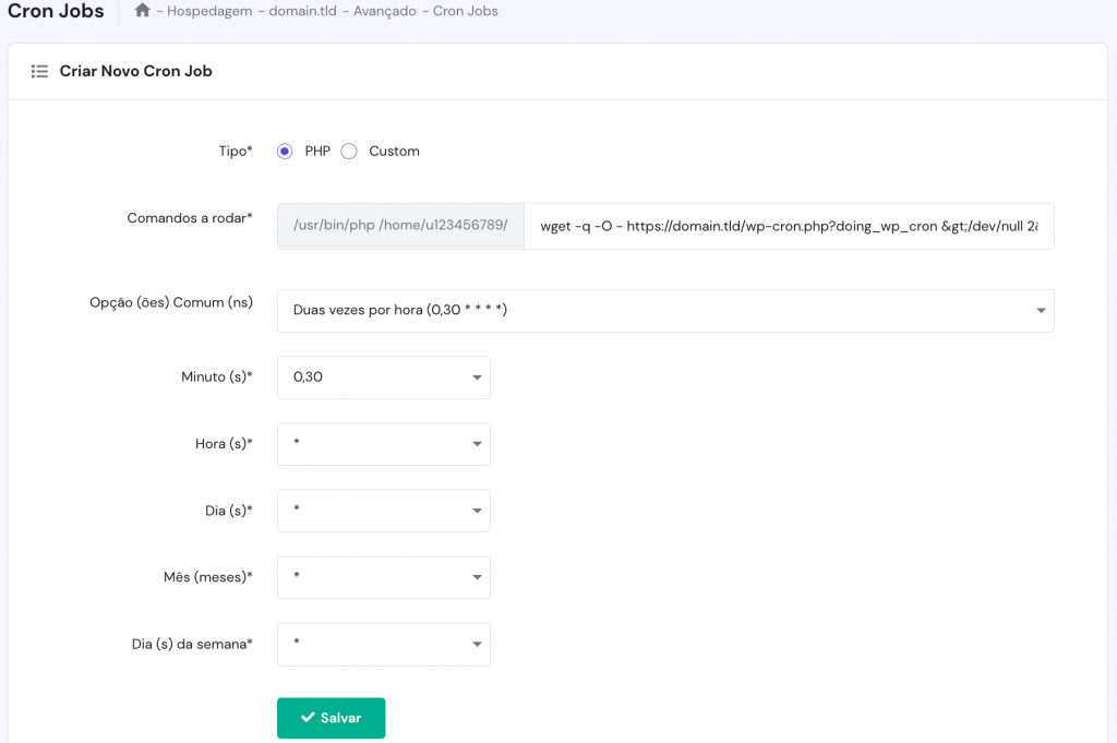 A página de trabalhos Cron no hPanel