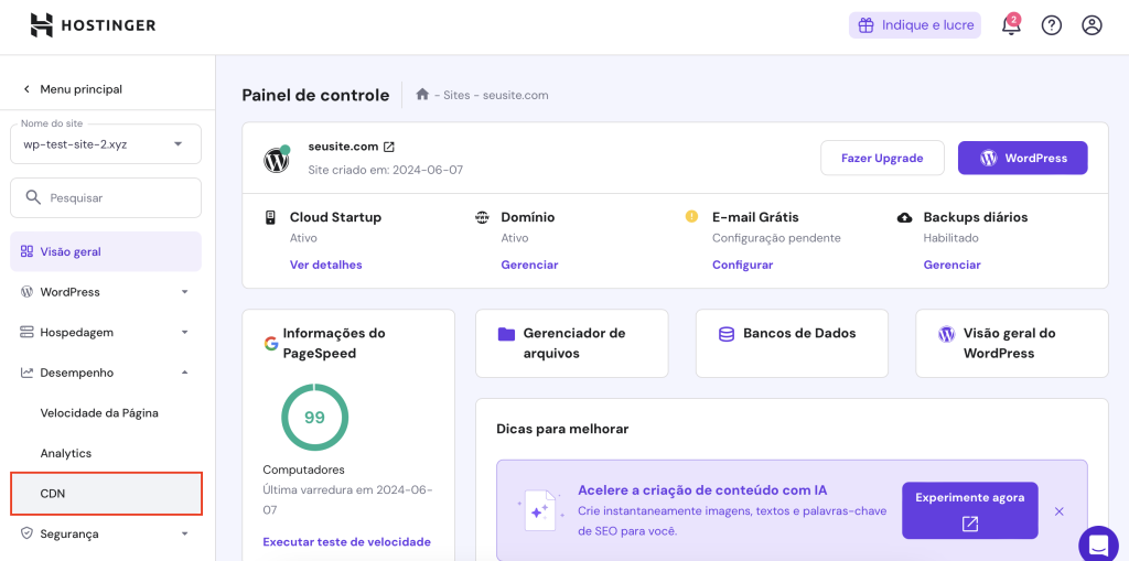 painel de controle de site wordpress no hpanel com opção cdn em destaque