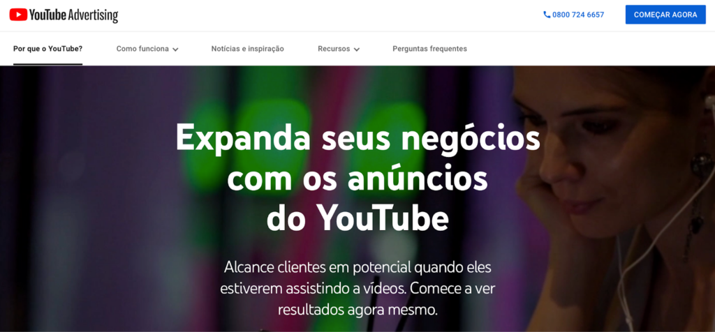 página inicial do YouTube ads