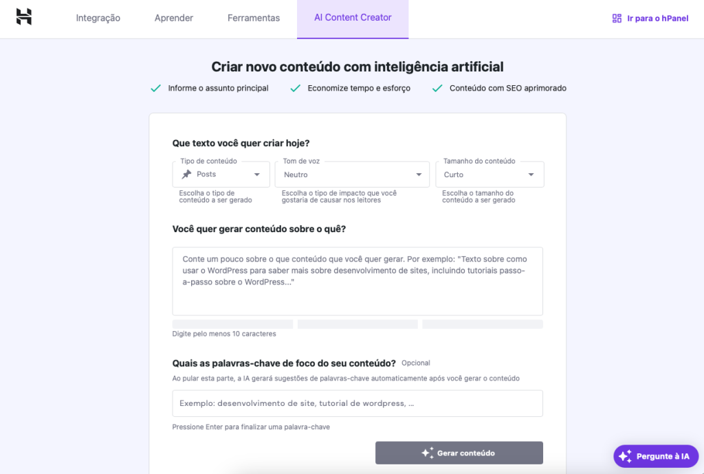 criador de conteúdo com ia da hostinger para wordpress