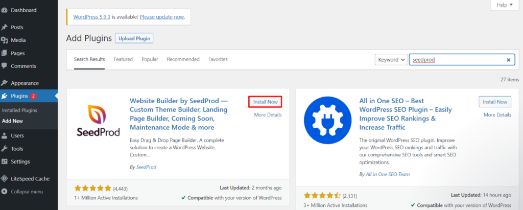 Instalando o plugin SeedProd no WordPress