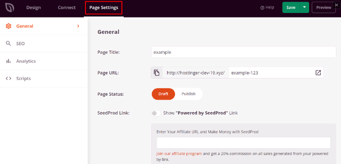 Configurações da página landing page criada através do plugin SeedProd no WordPress