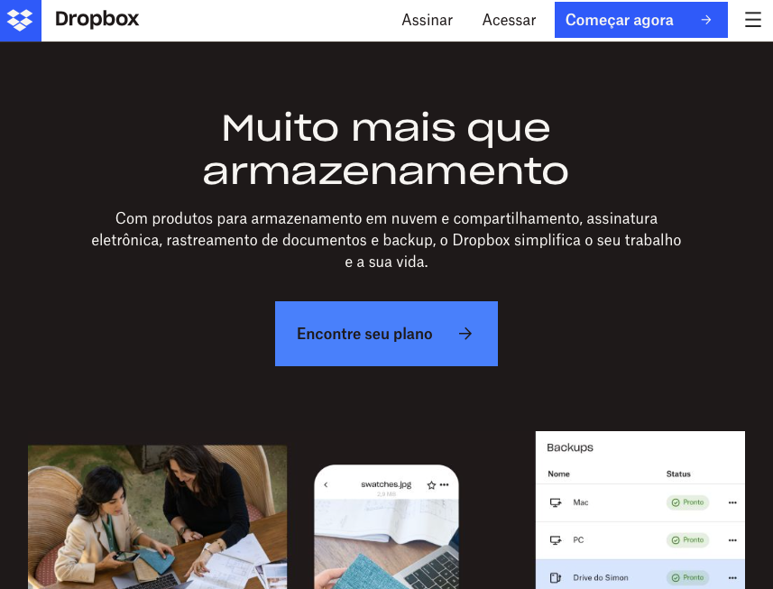 página inicial do Dropbox