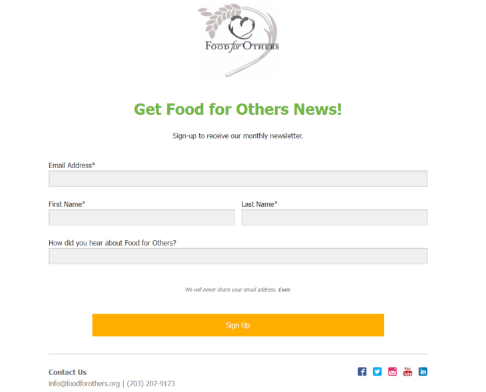 Captura de tela do formulário de contato do site Food for Others