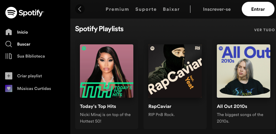 página inicial do Spotify