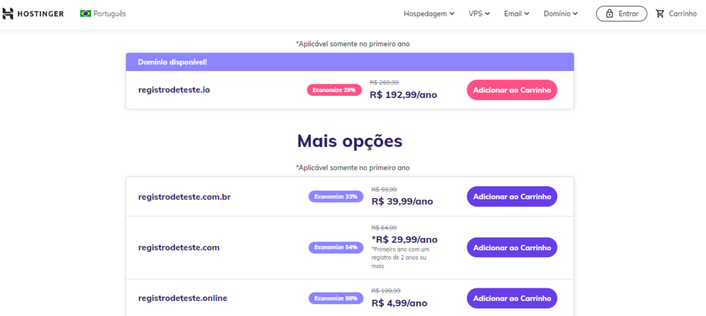 Captura de tela de uma busca por domínio .io no verificador de domínios da Hostinger, com indicações alternativas