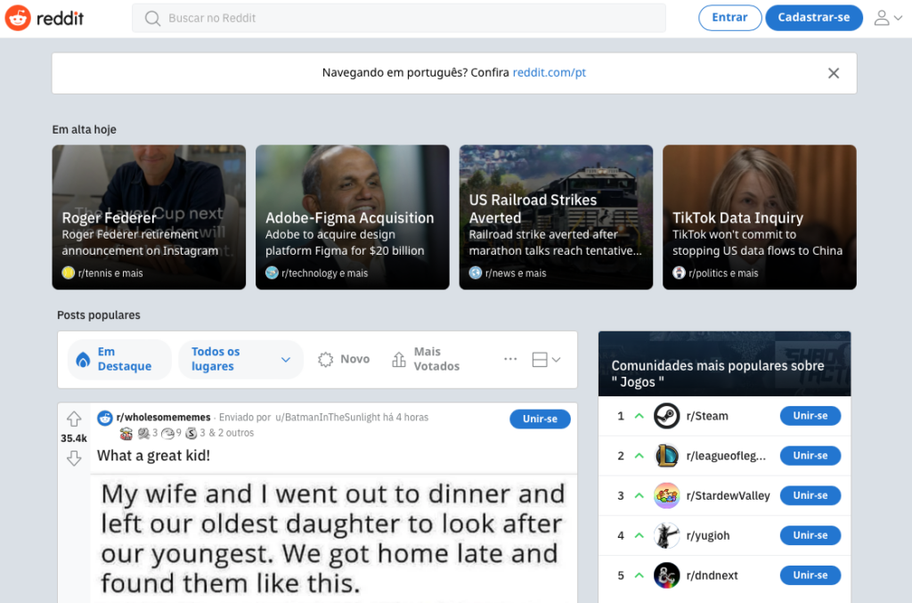 página inicial do Reddit