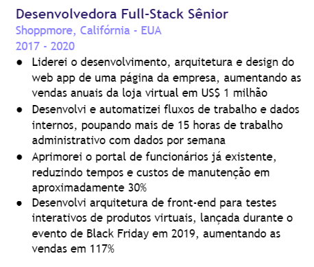 Outro exemplo de seção de experiência em currículo de desenvolvedor full-stack sênior, completa