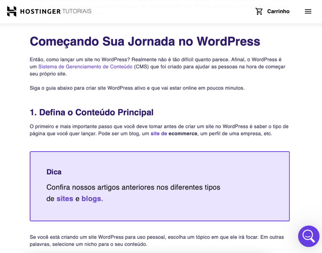 trecho de tutorial da hostinger com destaque para as divisões em subtítulos