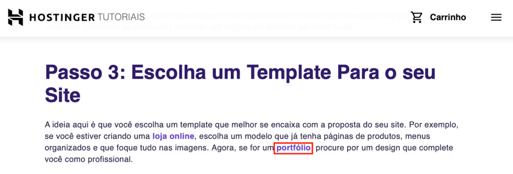 trecho de tutorial da hostinger com destaque para a palavra "portfólio"