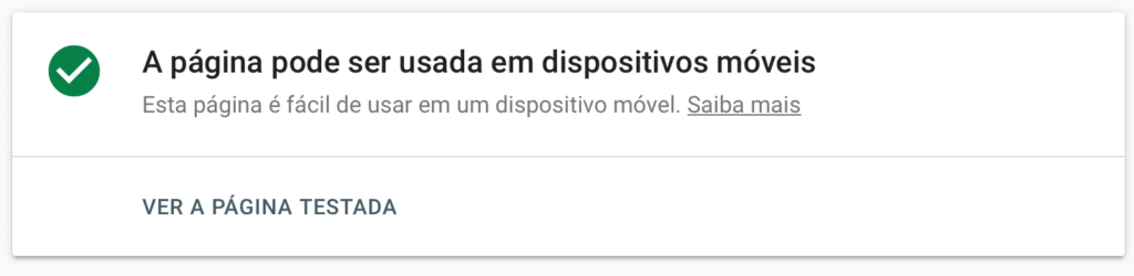 mensagem de aprovação no teste de compatibilidade com dispositivos móveis do Google