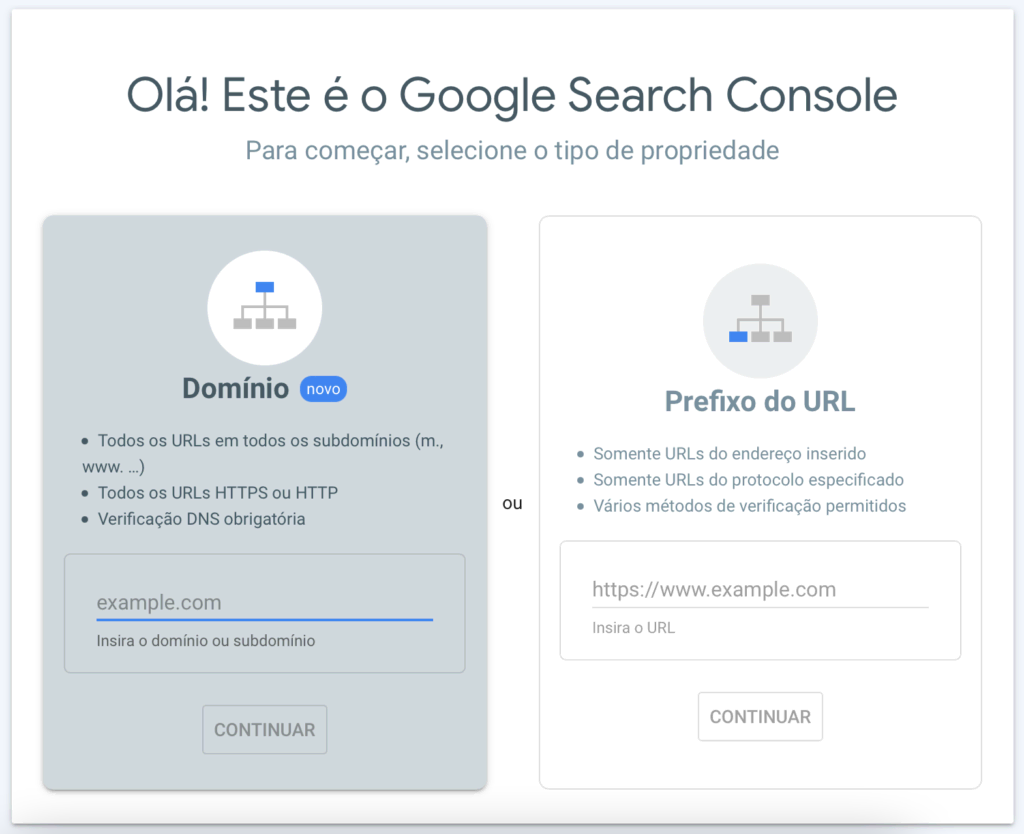 adicionando domínio ou URL no google search console