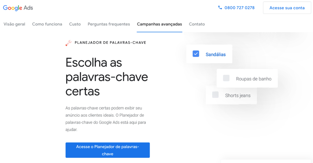 página inicial do Planejador de Palavras-Chave do Google