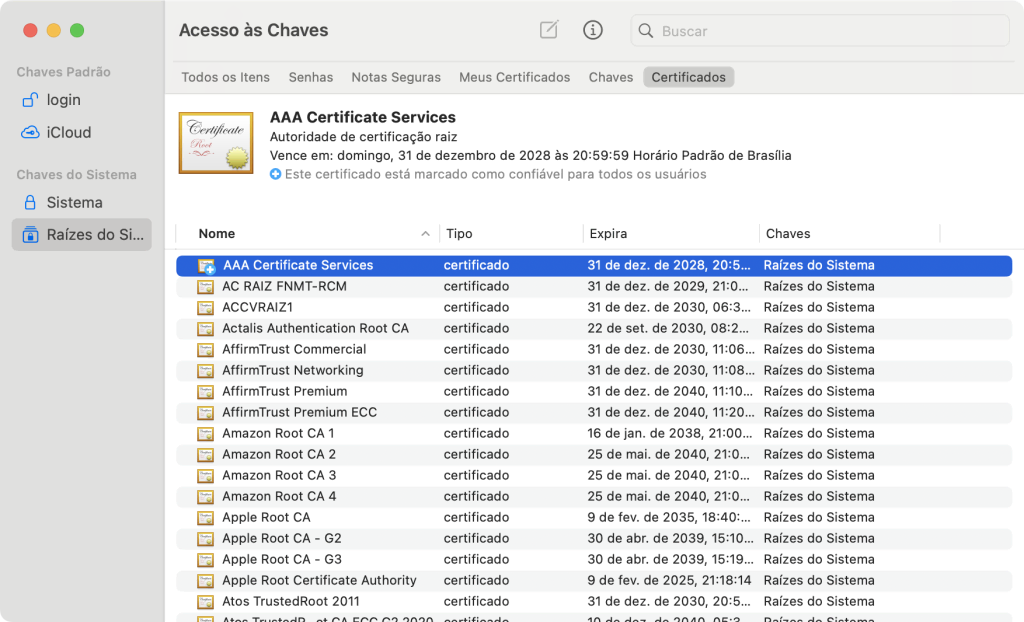 aba certificados no acesso às chaves do macOS