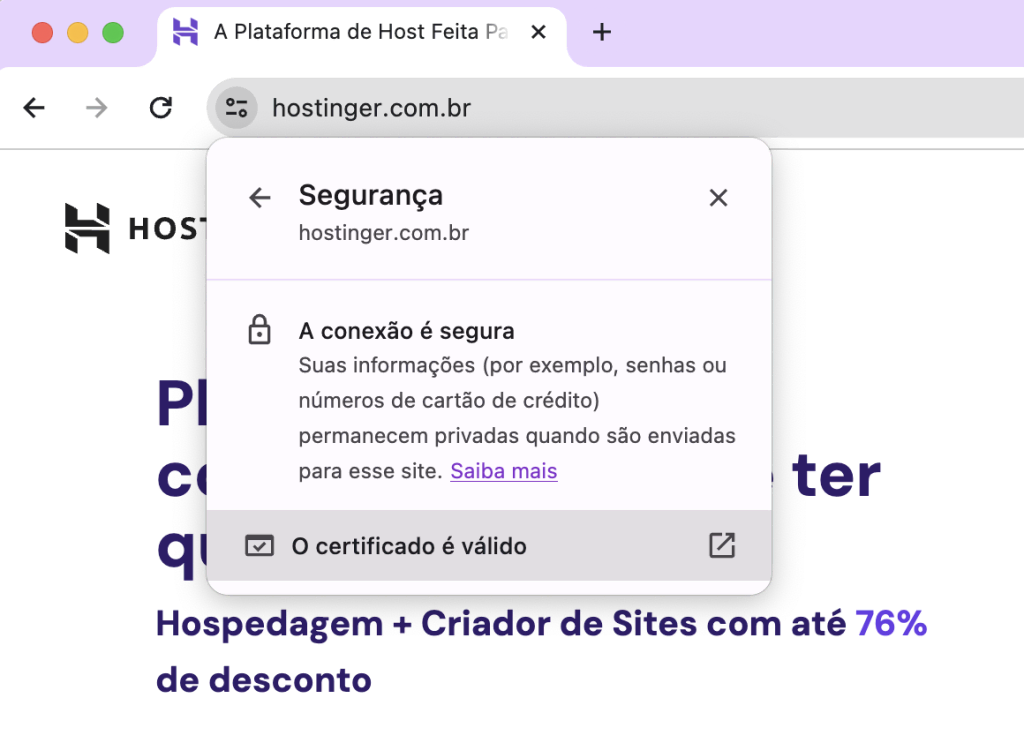 captura de tela do google chrome exibindo certificado de segurança do site da hostinger