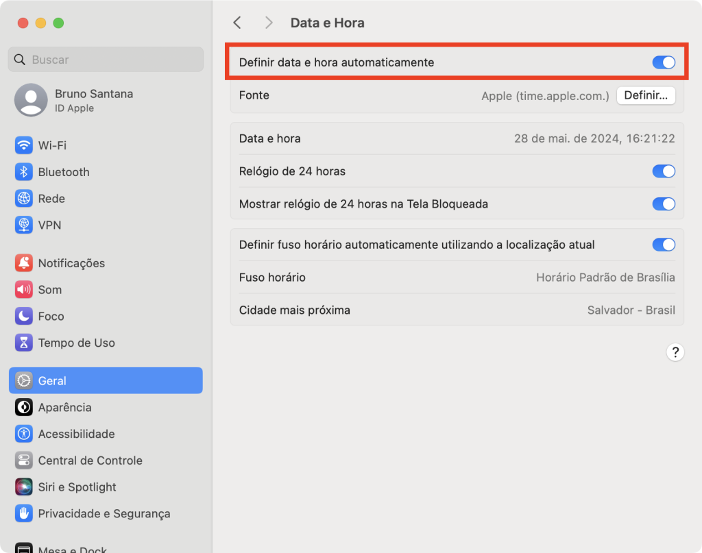 opção de definir data e hora automaticamente no macOS