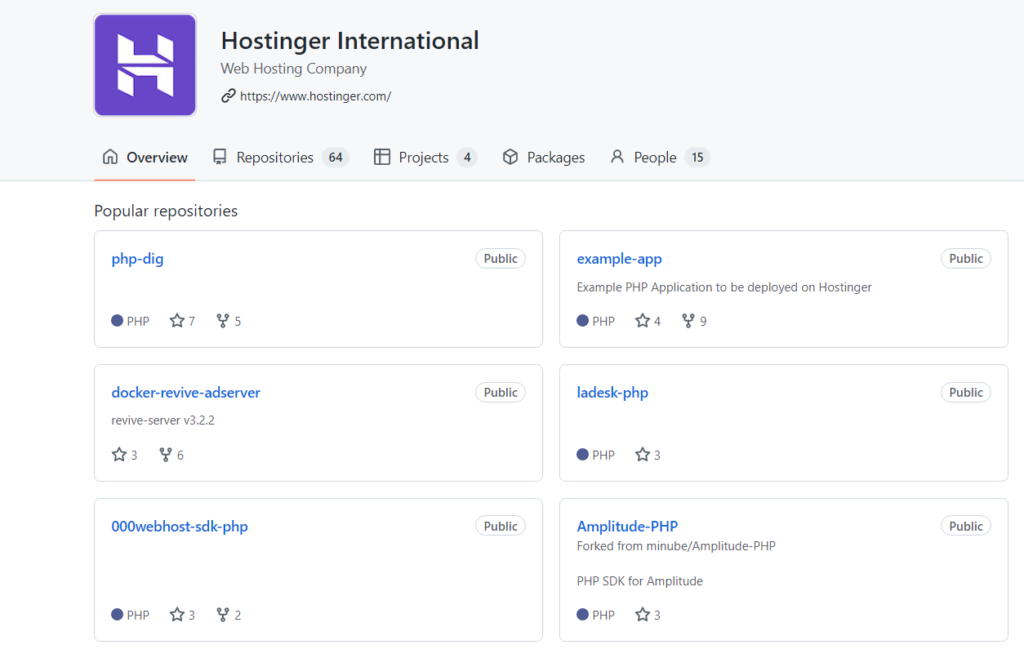 página da Hostinger no github