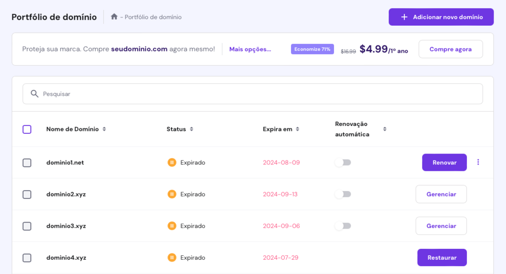 tela de portfólio de domínios do hpanel com opções de gerenciar e renovar