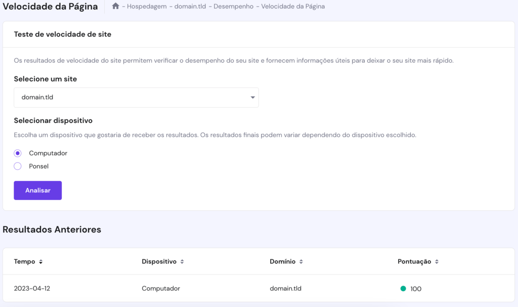 A página Velocidade da página no painel hPanel