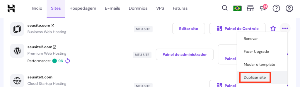 opção de duplicar site no hpanel