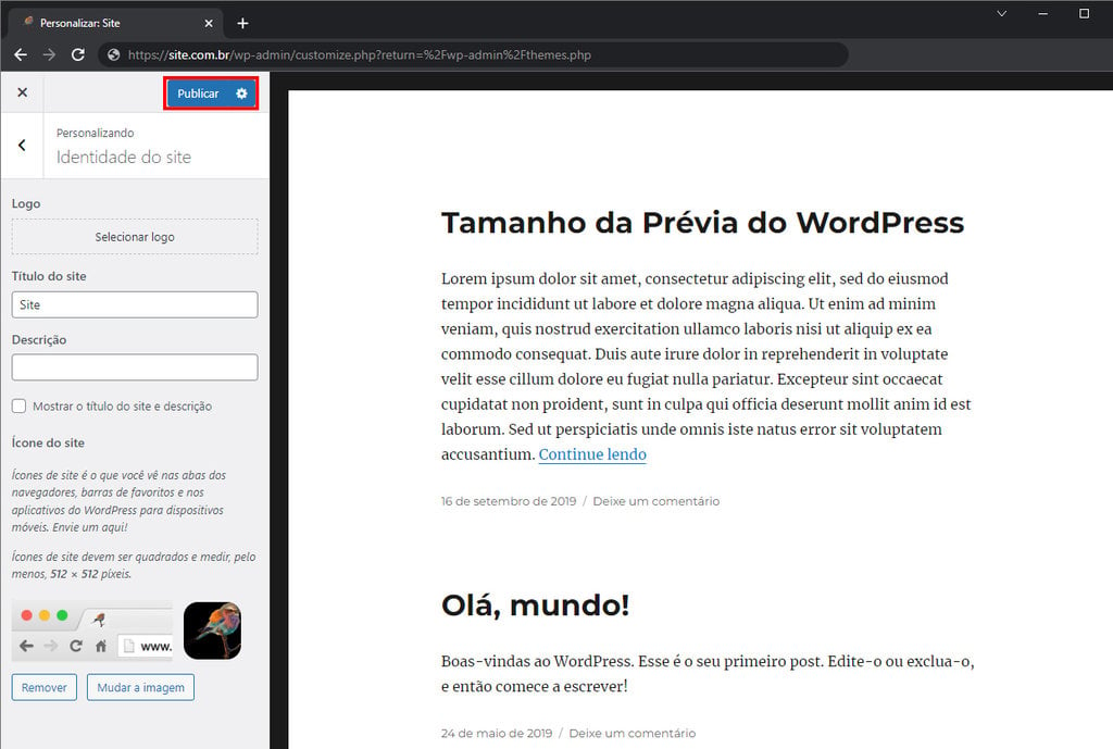 Guia do navegador Chrome mostrando a interface do WordPress Customizer, com o novo favicon e o botão de publicação destacado