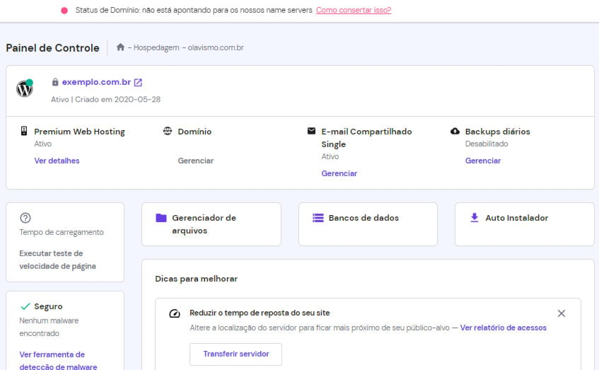 notificação hPanel: Seu domínio não está apontando para Hostinger