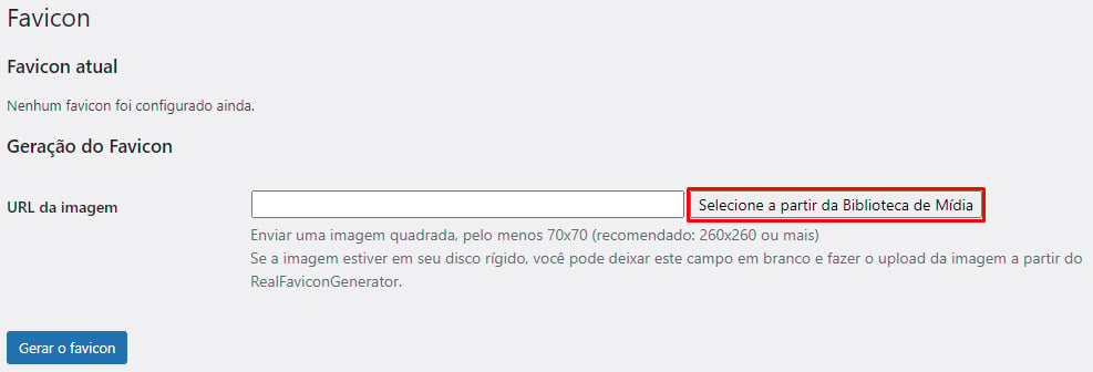 O painel do plugin RealFaviconGenerator, com o botão de seleção da biblioteca de mídia realçado