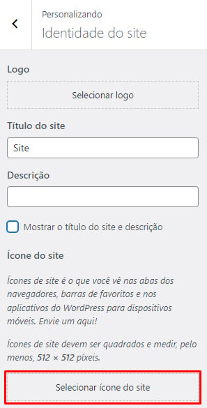 opção de selecionar ícone do site no wordpress