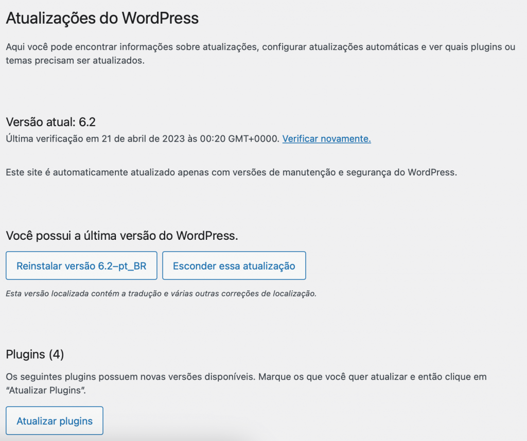 tela de atualização do wordpress