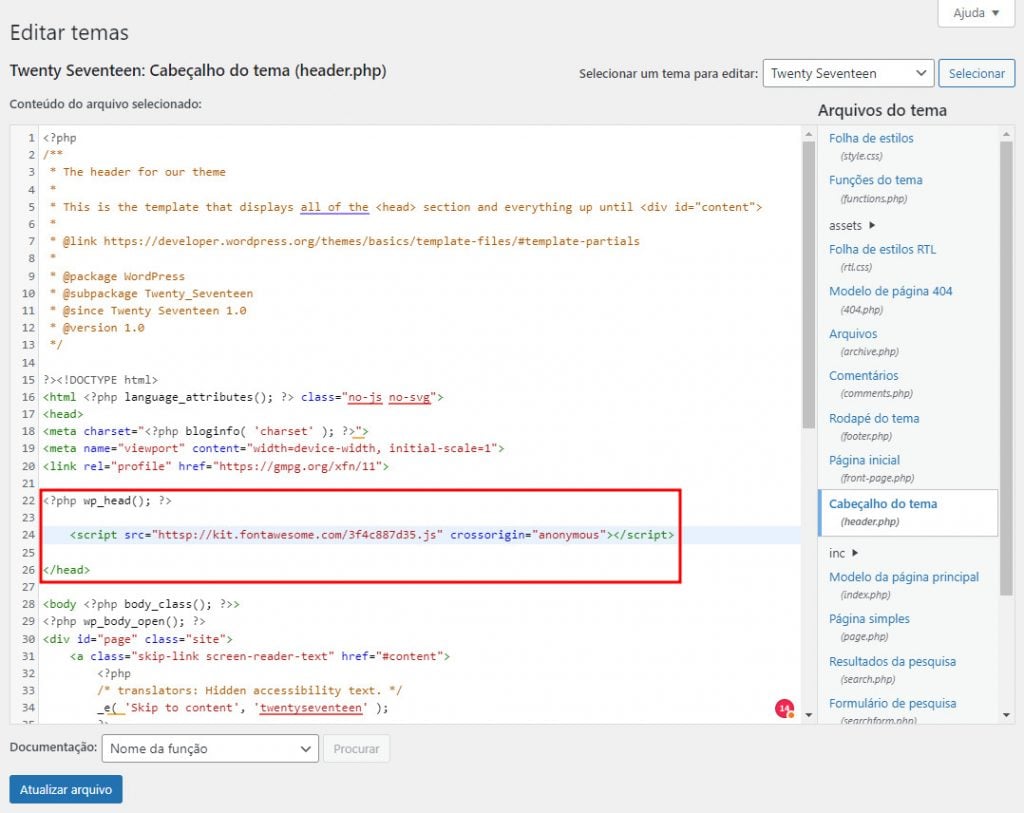 Colocando o código Font Awesome Kit dentro do arquivo de cabeçalho do tema