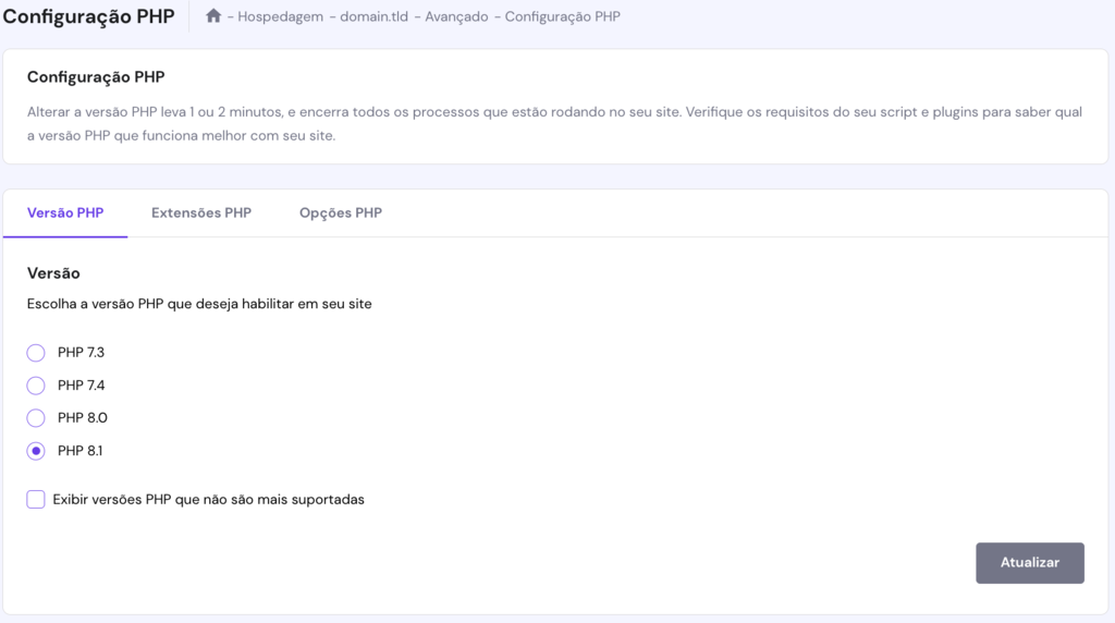 A seção de Configuração PHP no hPanel. A seção de Opções PHP é mostrada