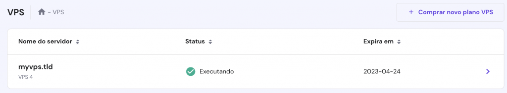 A página VPS no painel hPanel